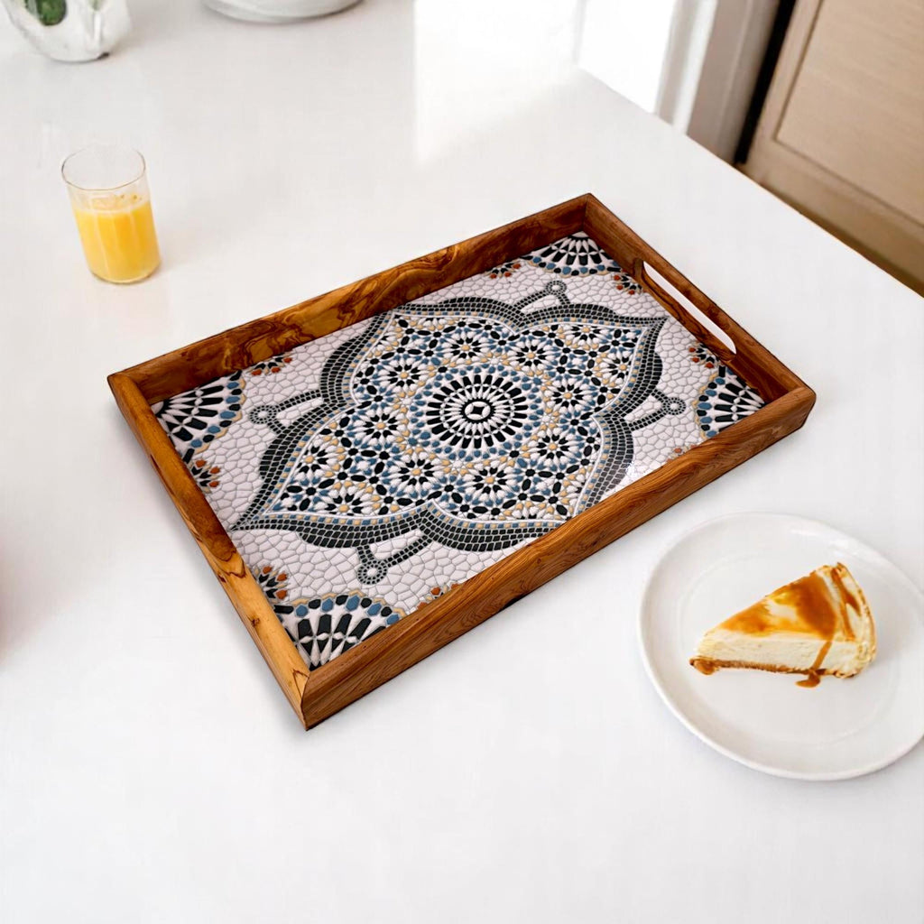 Olive Wood Rectangular Olive Wood Marble effect Tray with Handle