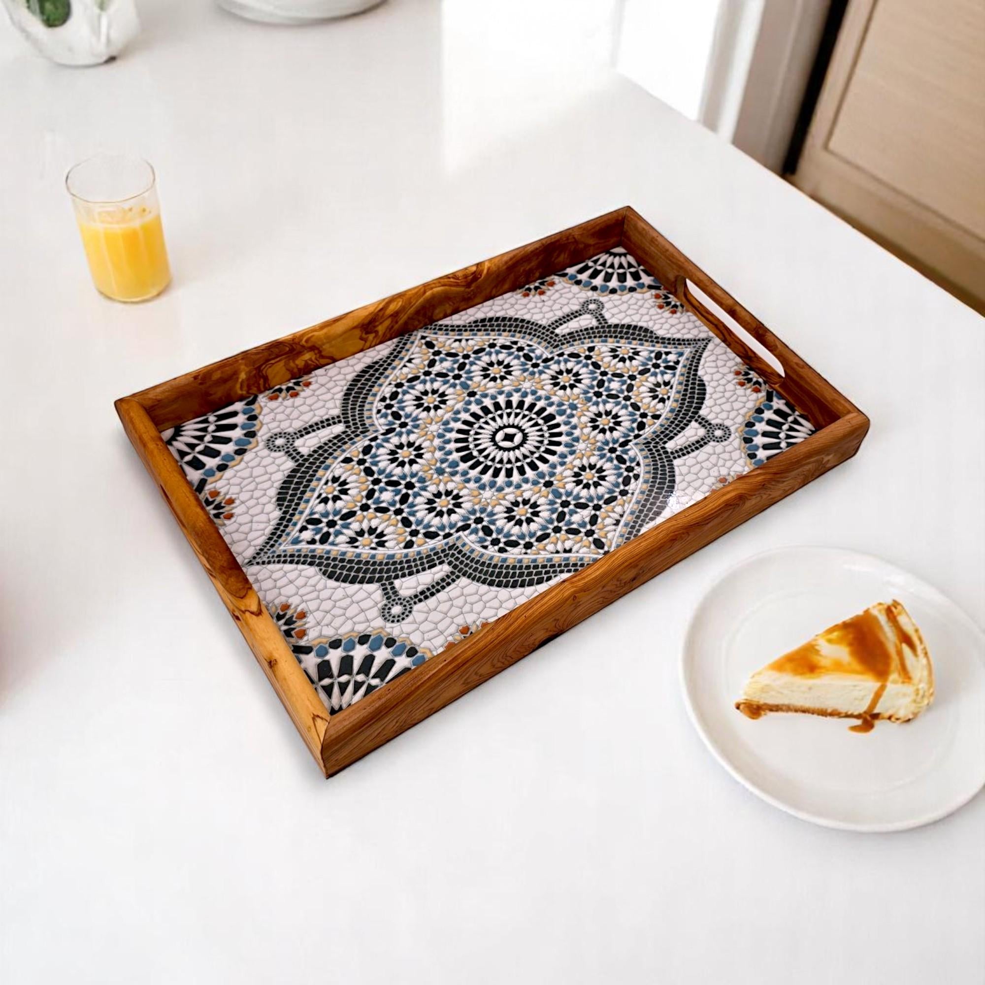 Olive Wood Rectangular Olive Wood Marble effect Tray with Handle
