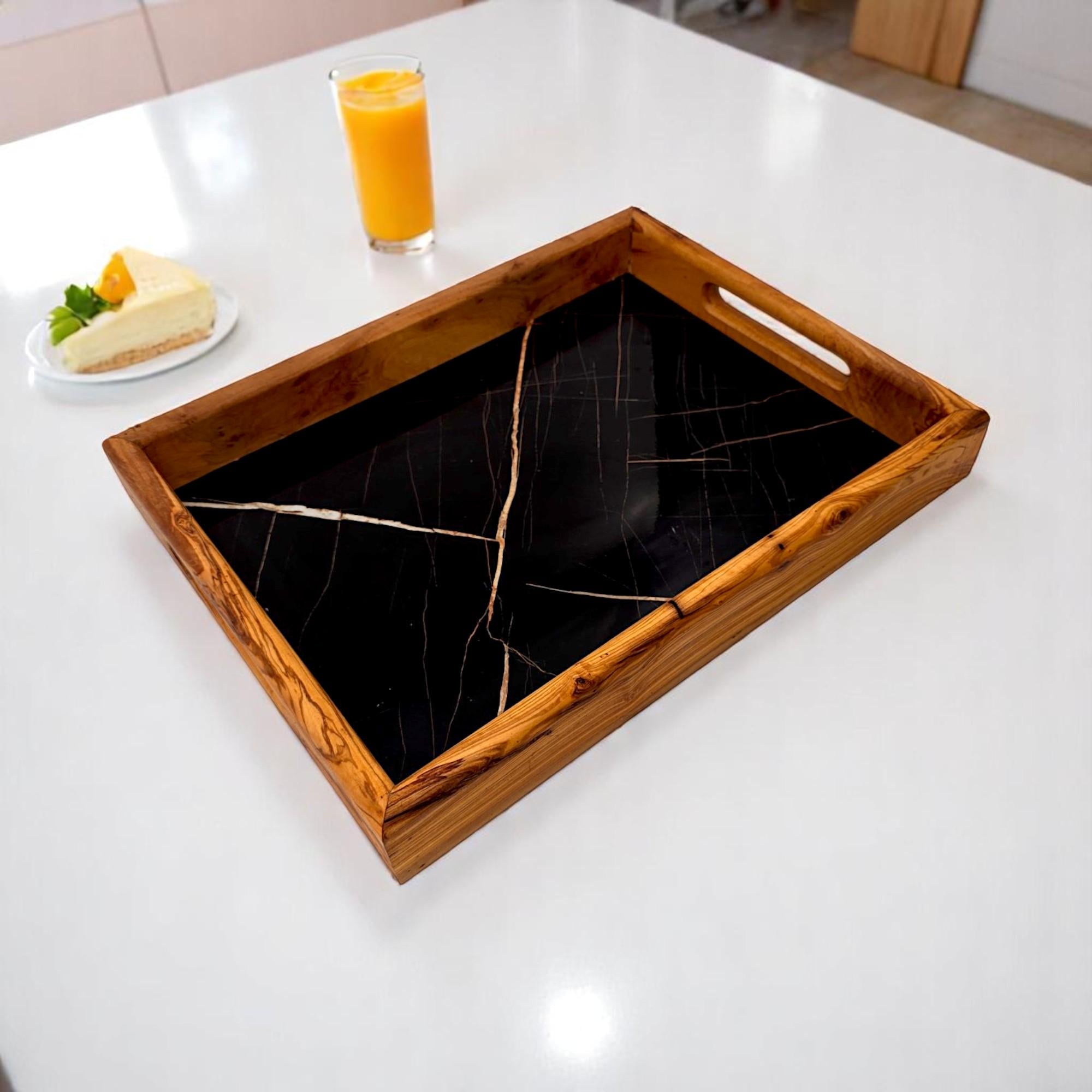 Rectangular Olive Wood Ceramic Tray with Handle