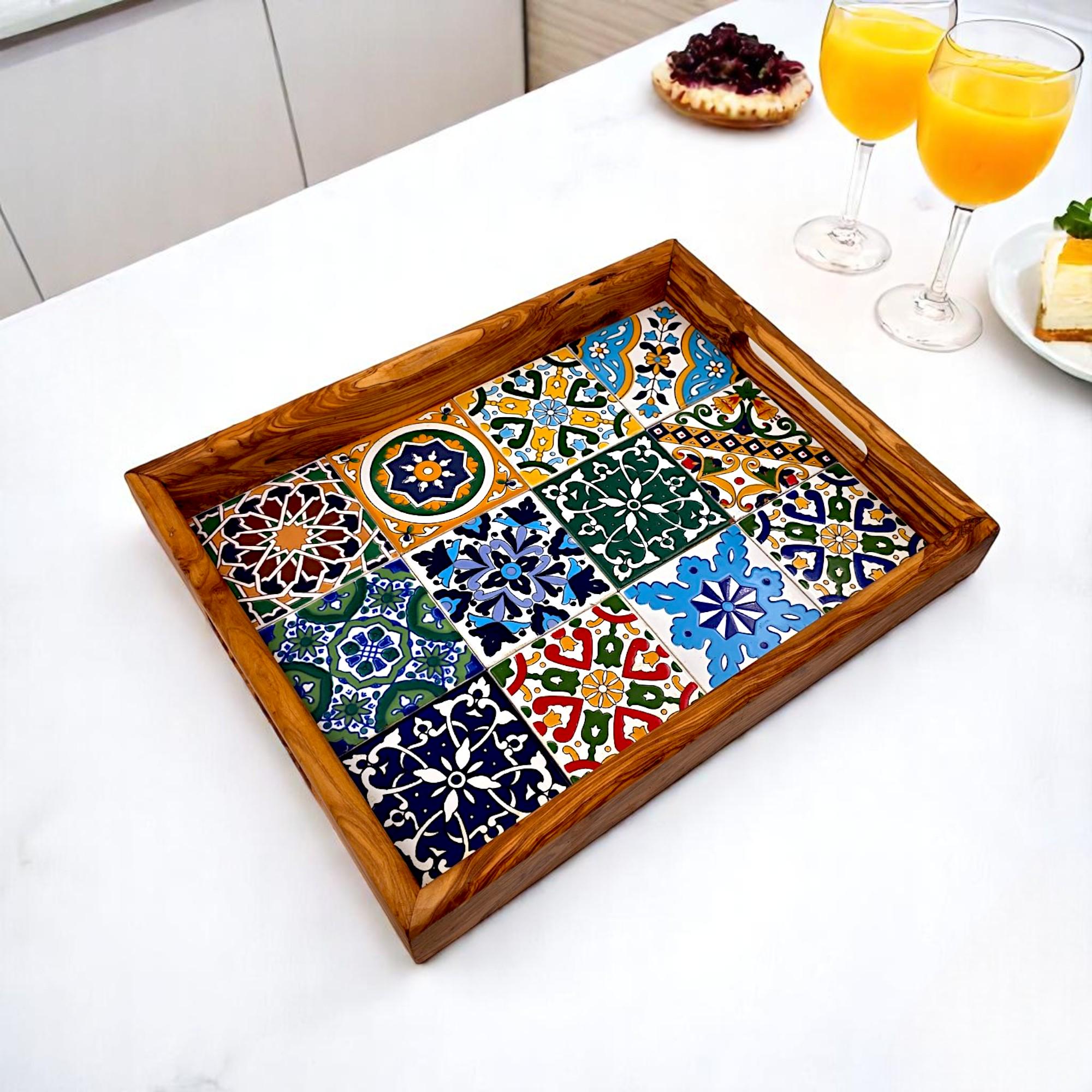 Olive Wood Rectangular Olive Wood Ceramic Tray with Handle 40 cm * 25 cm