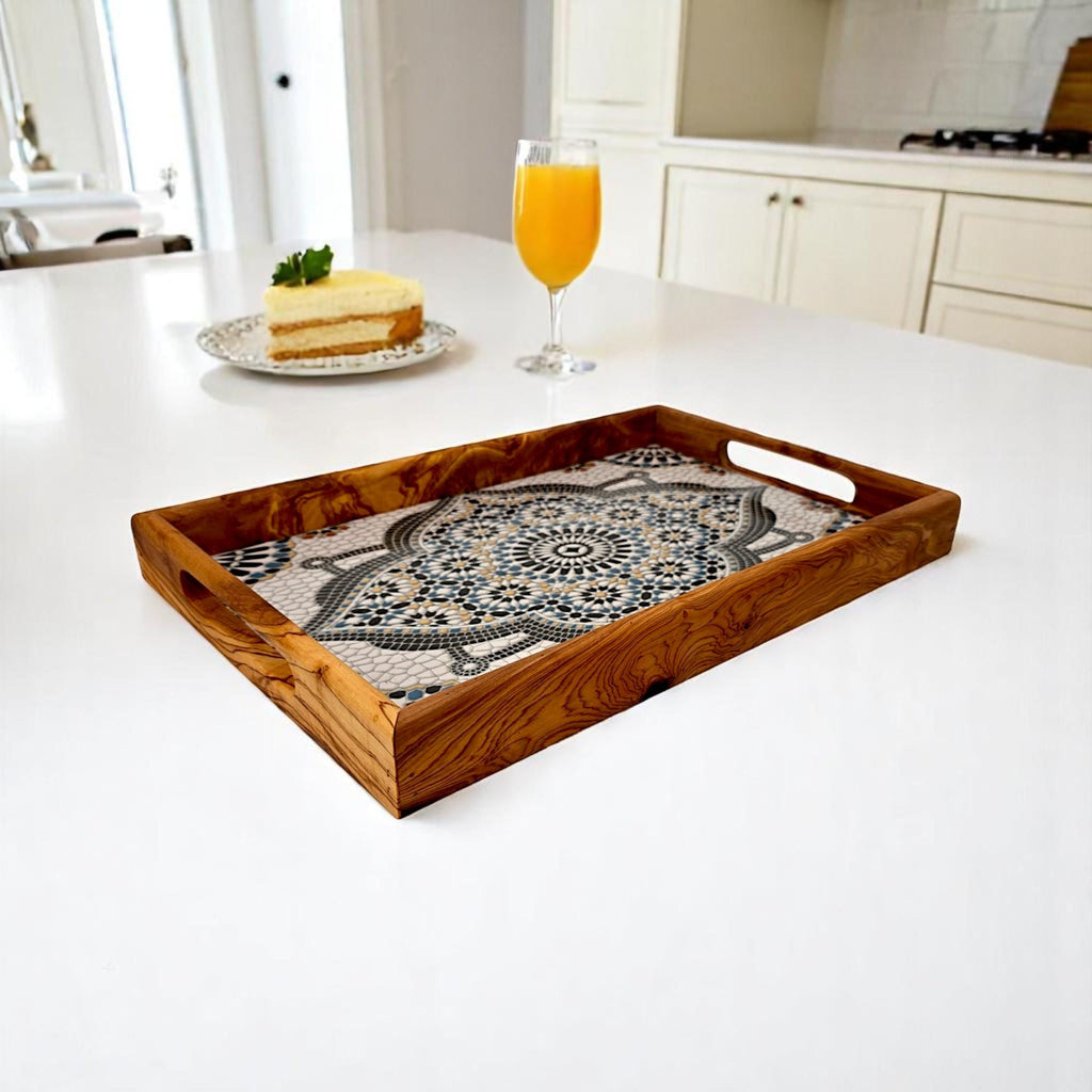 Olive Wood Rectangular Olive Wood Ceramic Tray with Handle 40 cm * 25 cm