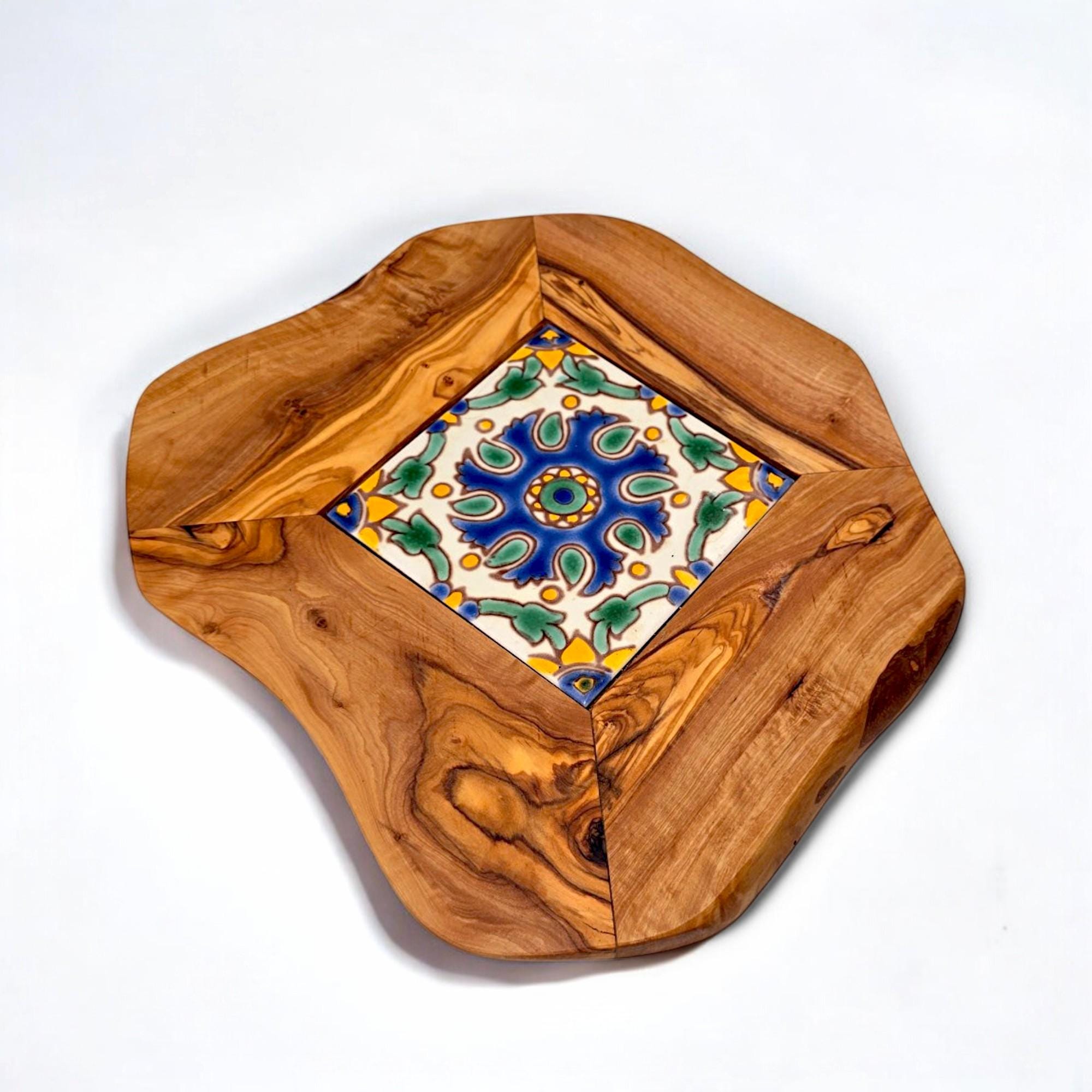 Rustic Olive Wood Ceramic Restaurant Serving Tray