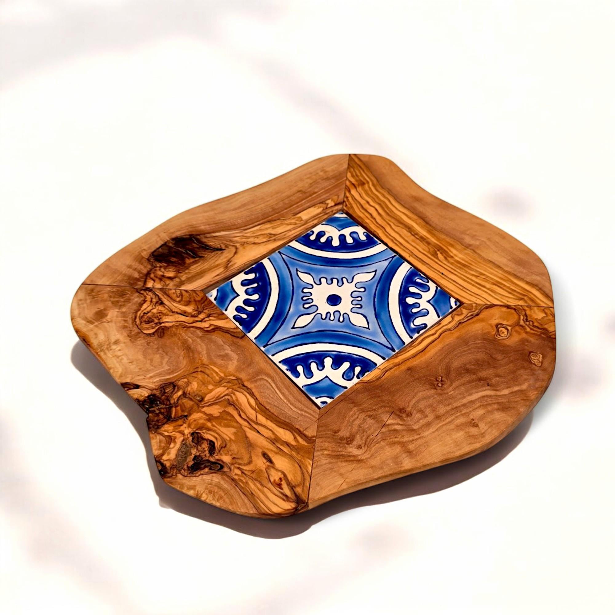 Rustic Olive Wood Ceramic Restaurant Serving Tray