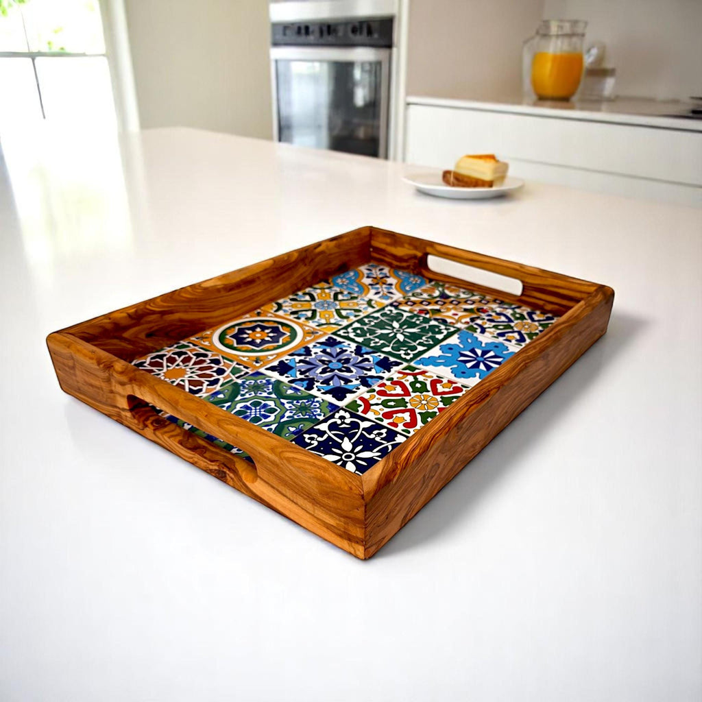 Olive Wood Rectangular Olive Wood Marble effect Tray with Handle
