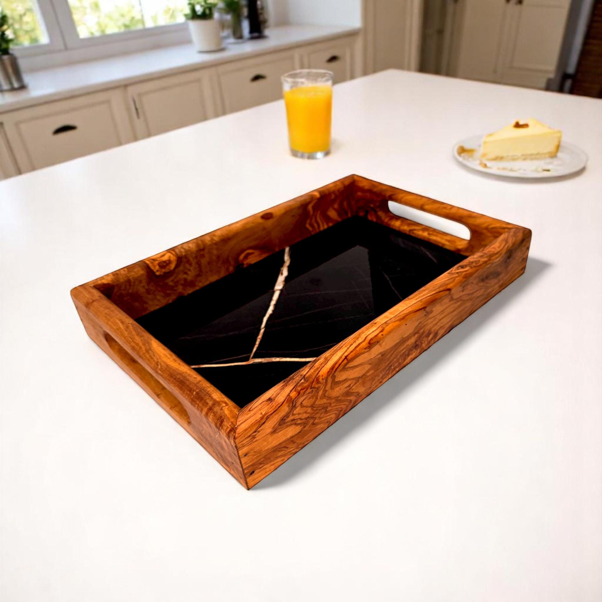 Olive Wood Rectangular Olive Wood Ceramic Tray with Handle 40 cm * 25 cm
