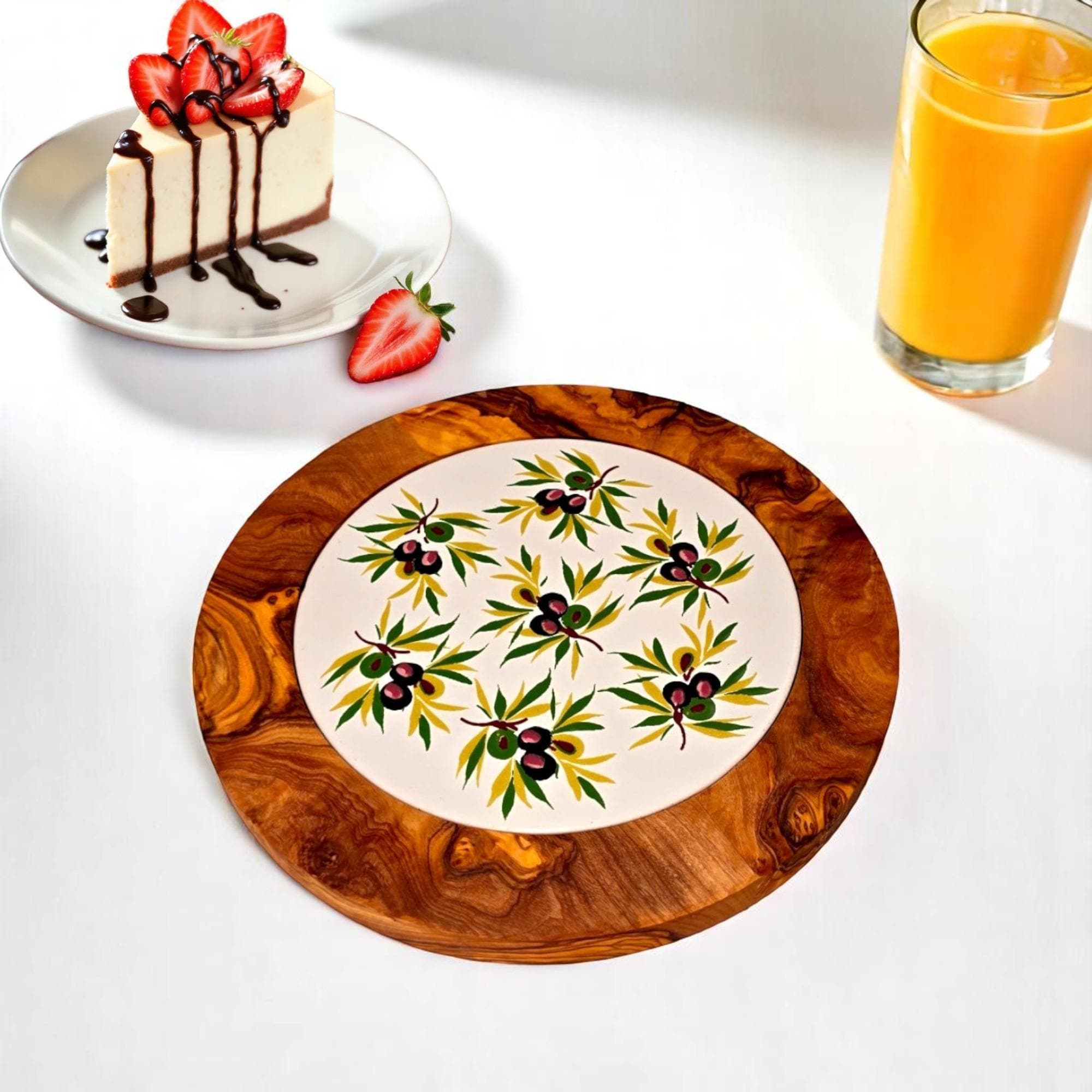 Olive Wood Handcrafted Round Wooden Ceramic Serving Tray/Coaster | Multiple Styles
