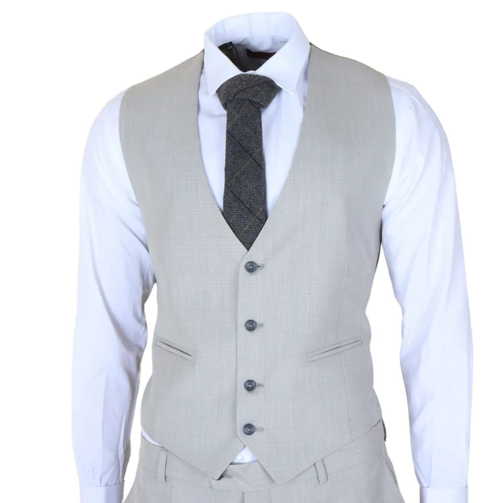 IM31 - Men's Grey 3 Piece Prince Of Wales Check Suit