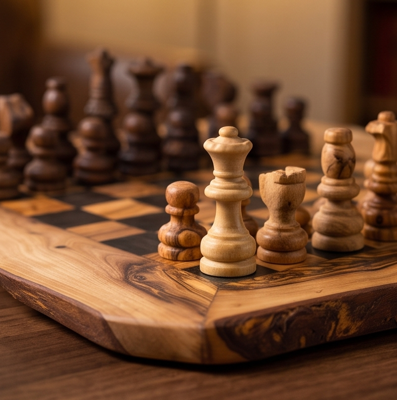 Handcrafted Olive Wood Chess Set | Red or Black Playing Area | Live Edge Board