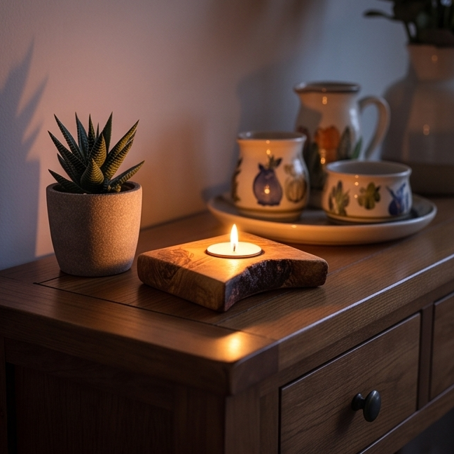 Olive Wood Flat Wooden Tealight Candle Holder | Various Sizes