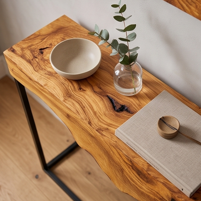 Hand made olive wood mirror and console table set