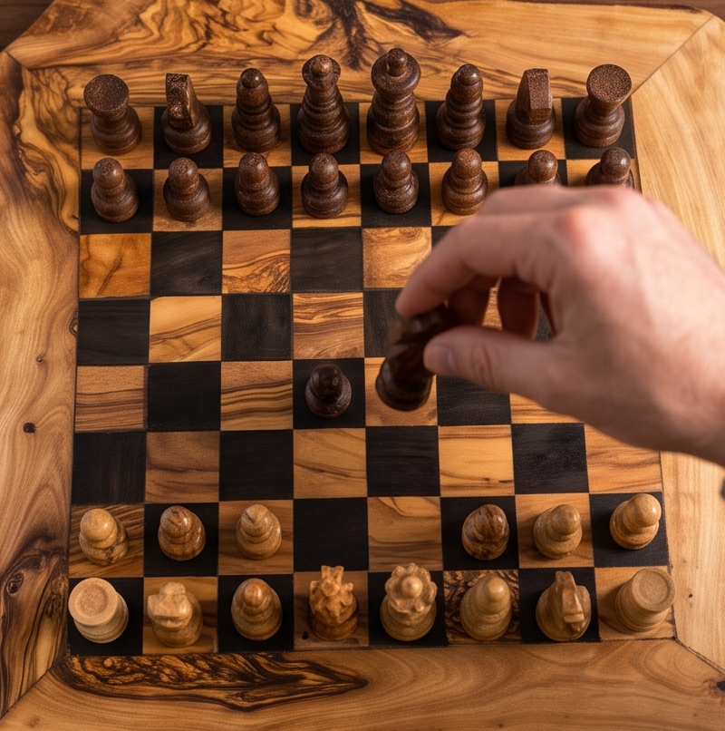 Handcrafted Olive Wood Chess Set | Red or Black Playing Area | Live Edge Board