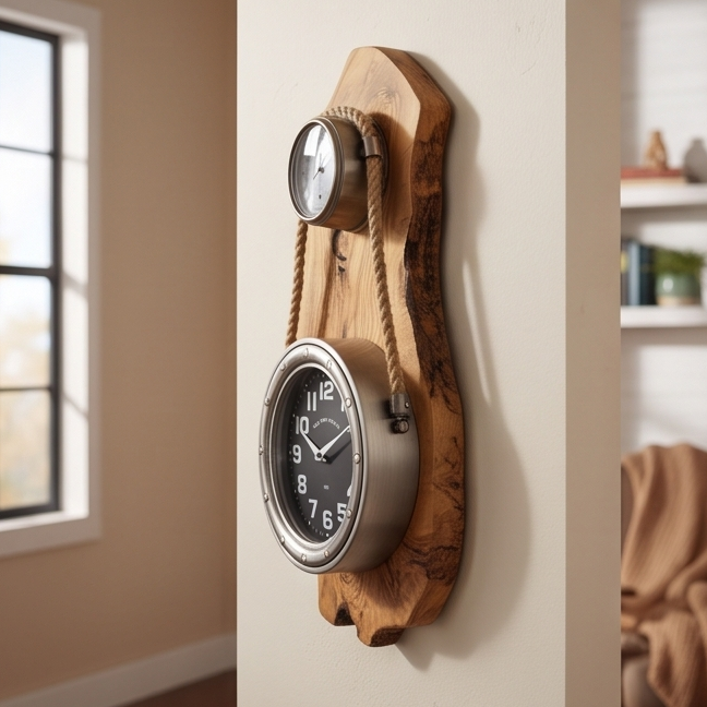 Beautiful stainless finish rope clock with Olive Wood base