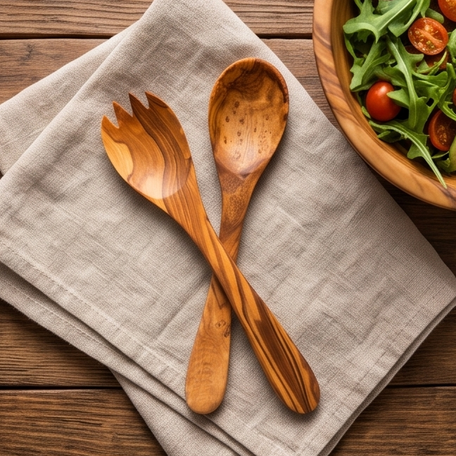 Olive Wood Large Salad Serving Set Of Wooden Spork & Spoon | Various Sizes