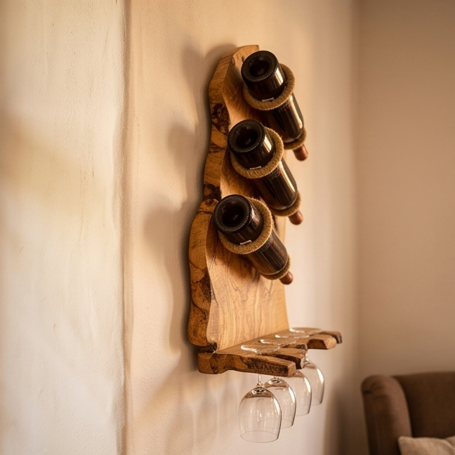 Olive Wood Wall Mounted Wooden Wine Bottle Holder Rack W/ Wooden Goblet Cups
