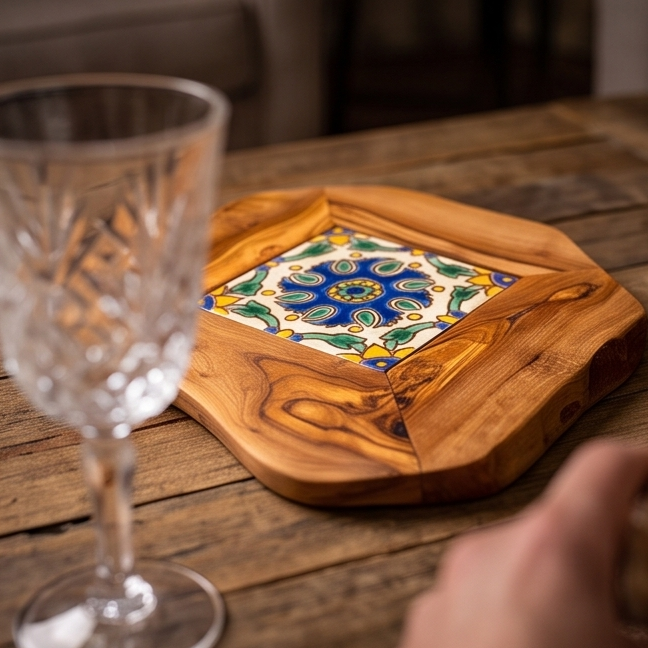 Rustic Olive Wood Ceramic Restaurant Serving Tray