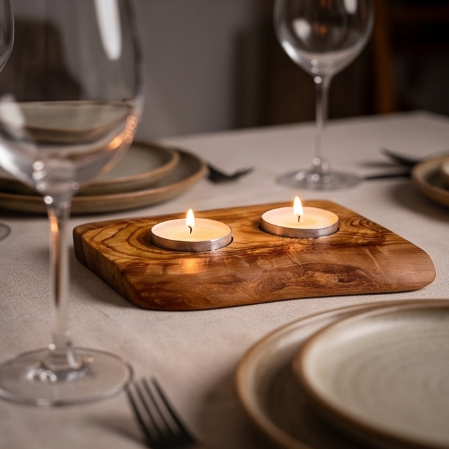 Olive Wood Flat Wooden Tealight Candle Holder | Various Sizes