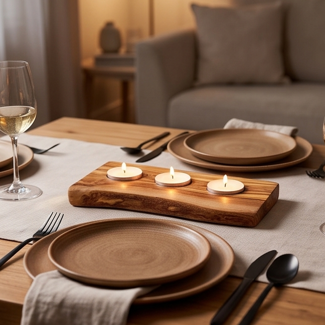 Olive Wood Flat Wooden Tealight Candle Holder | Various Sizes
