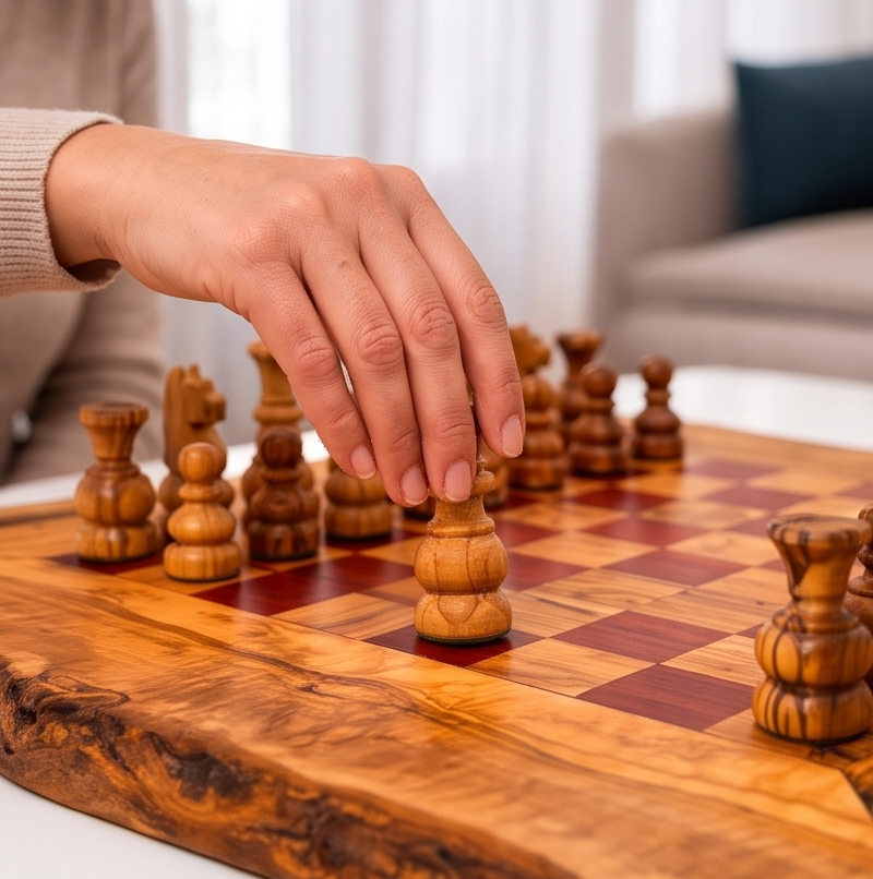 Handcrafted Olive Wood Chess Set | Red or Black Playing Area | Live Edge Board