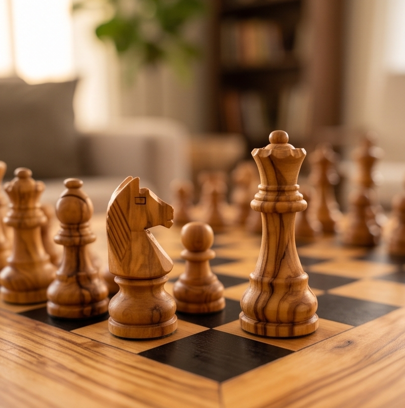 Handcrafted Olive Wood Chess Set | Red or Black Playing Area | Live Edge Board