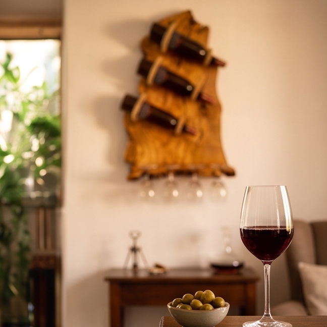 Olive Wood Wall Mounted Wooden Wine Bottle Holder Rack W/ Wooden Goblet Cups