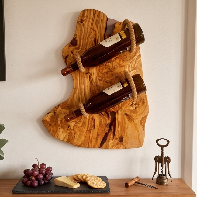 Olive Wood Wall Mounted Wooden Wine Bottle Holder Rack W/ Wooden Goblet Cups