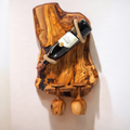 Olive Wood Wall Mounted Wooden Wine Bottle Holder Rack W/ Wooden Goblet Cups