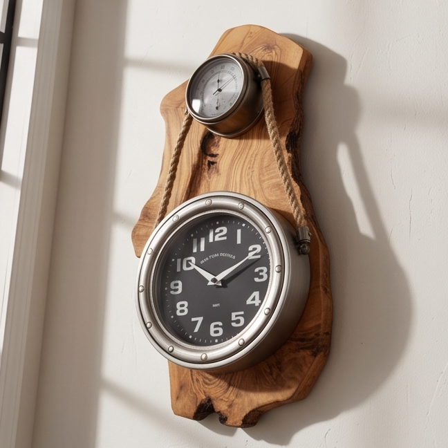 Beautiful stainless finish rope clock with Olive Wood base
