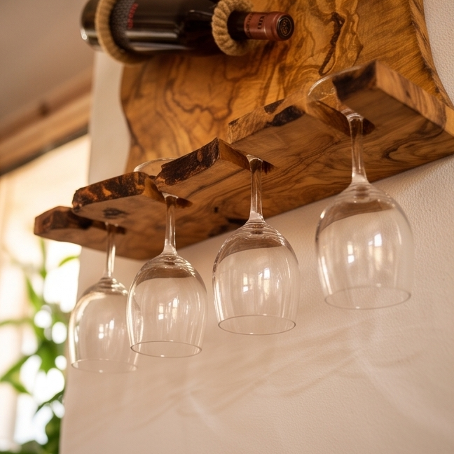 Olive Wood Wall Mounted Wooden Wine Bottle Holder Rack W/ Wooden Goblet Cups