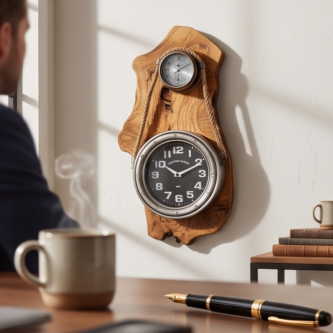 Beautiful stainless finish rope clock with Olive Wood base