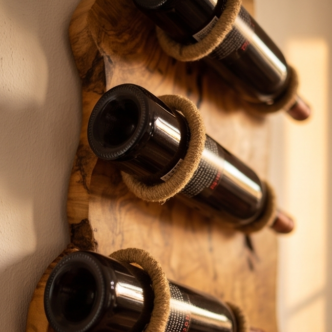 Olive Wood Wall Mounted Wooden Wine Bottle Holder Rack W/ Wooden Goblet Cups