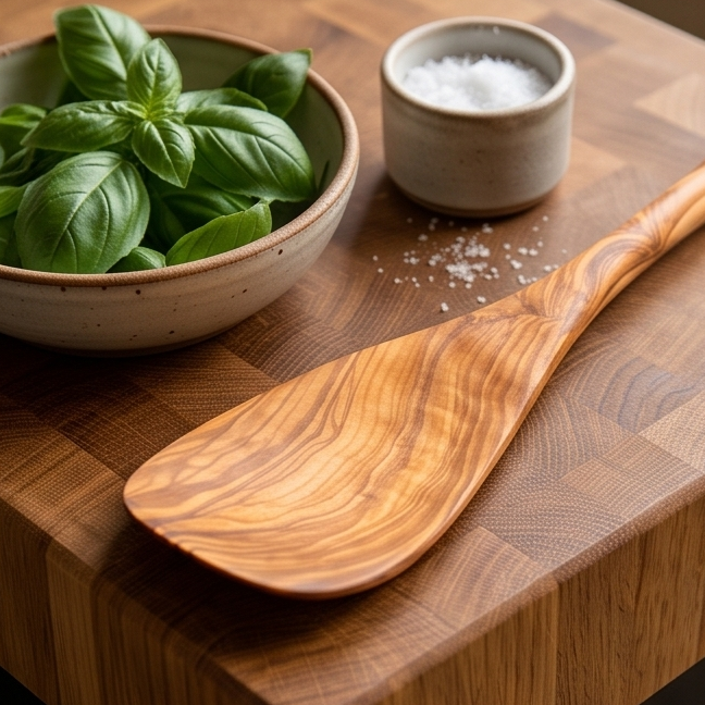 Olive Wood Curved Spatula with Round Handle 40 cm