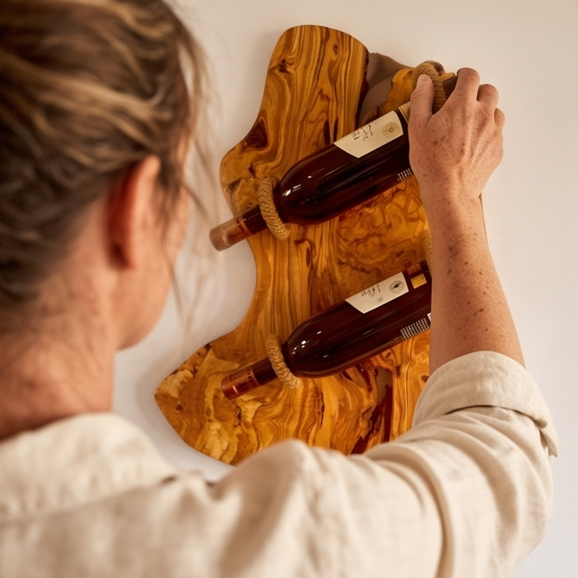 Olive Wood Wall Mounted Wooden Wine Bottle Holder Rack W/ Wooden Goblet Cups