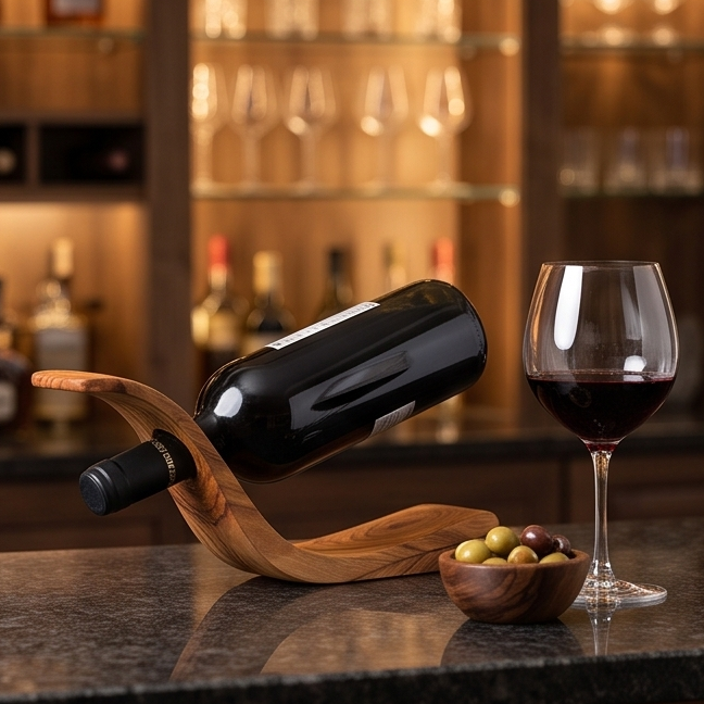 Olive Wood Wave Bottle Holder 30 cm, wine bottle holder, barware, accessories, gift for parents, gift