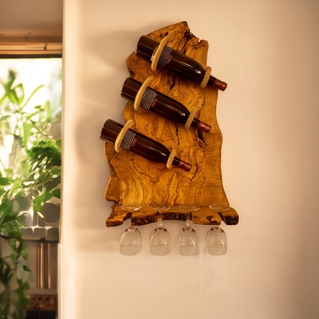 Olive Wood Rustic Shape three Bottles Holder,  wine bottles holder, bar accessories, gift