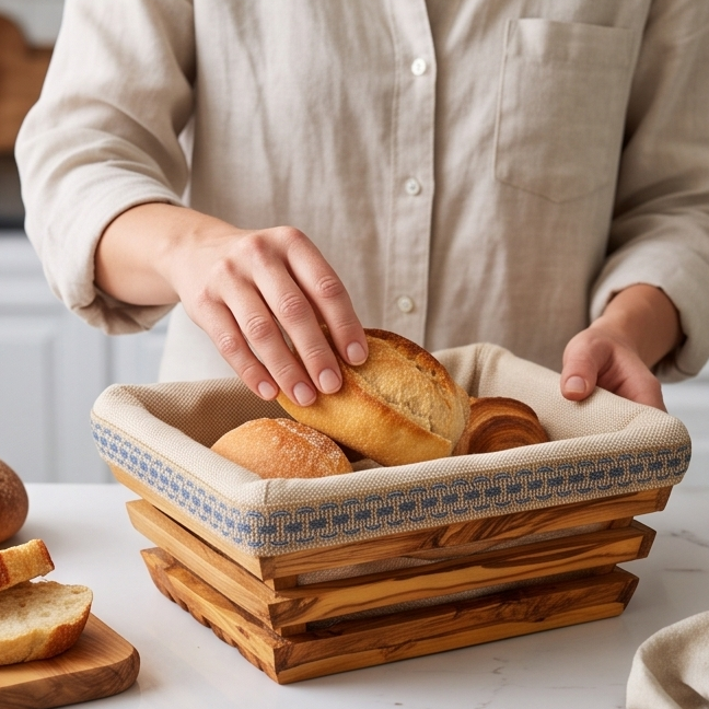 Olive wood Rectangular Shaped Bread Basket 28 cm