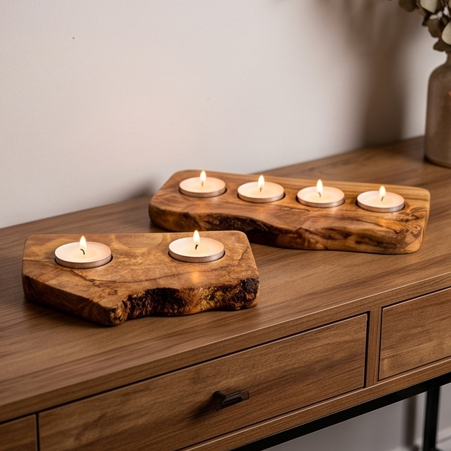Olive Wood Flat Wooden Tealight Candle Holder | Various Sizes