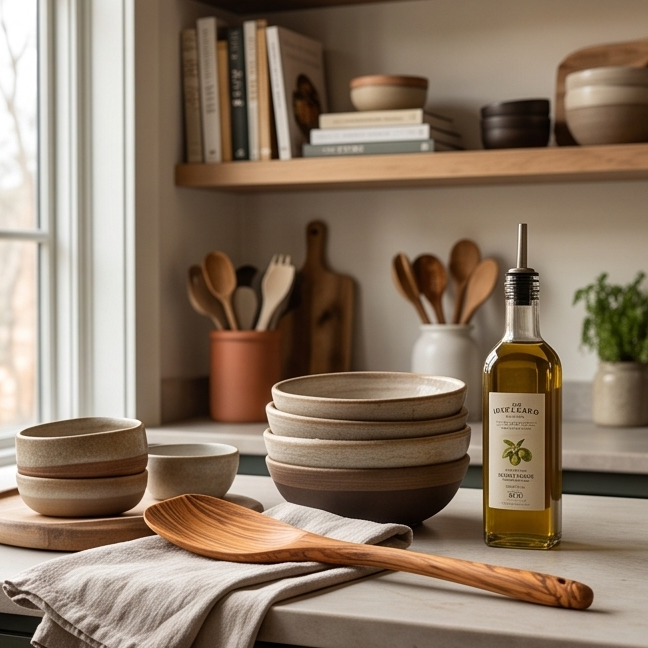 Olive Wood Curved Spatula with Round Handle 40 cm