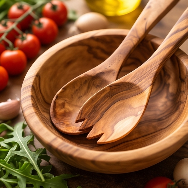 Olive Wood Large Salad Serving Set Of Wooden Spork & Spoon | Various Sizes