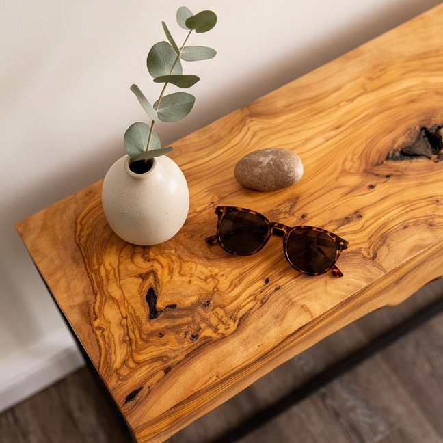 Hand made olive wood mirror and console table set