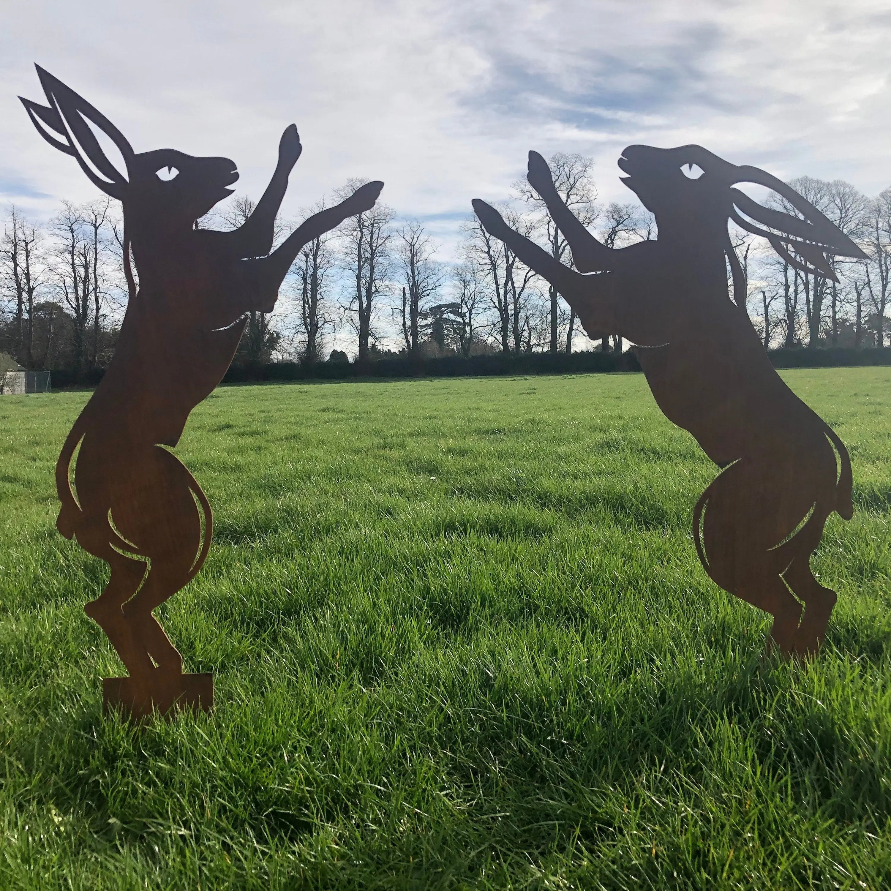 Rustic Warehouse Norfolk Metal Boxing Hares Garden Statues - Pair