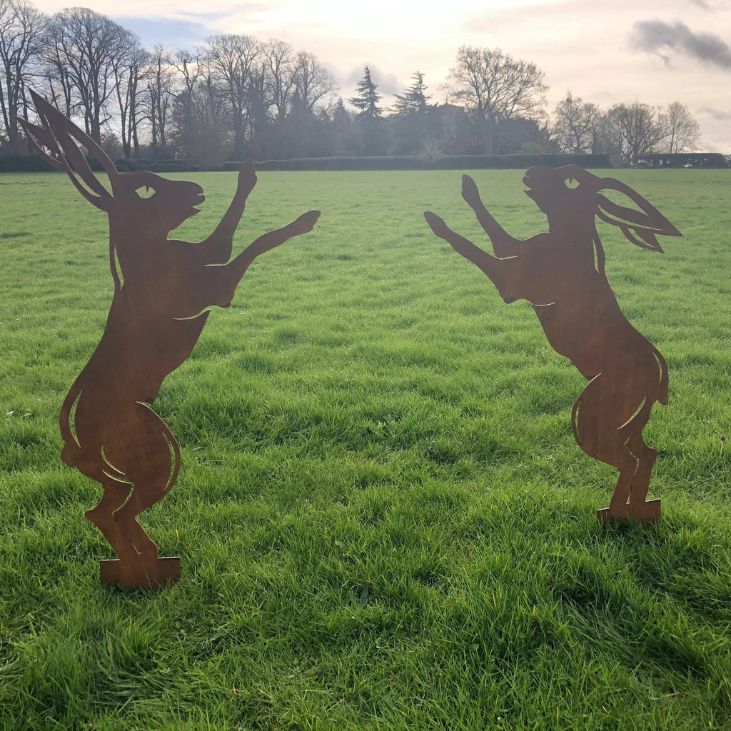Rustic Warehouse Norfolk Metal Boxing Hares Garden Statues - Pair