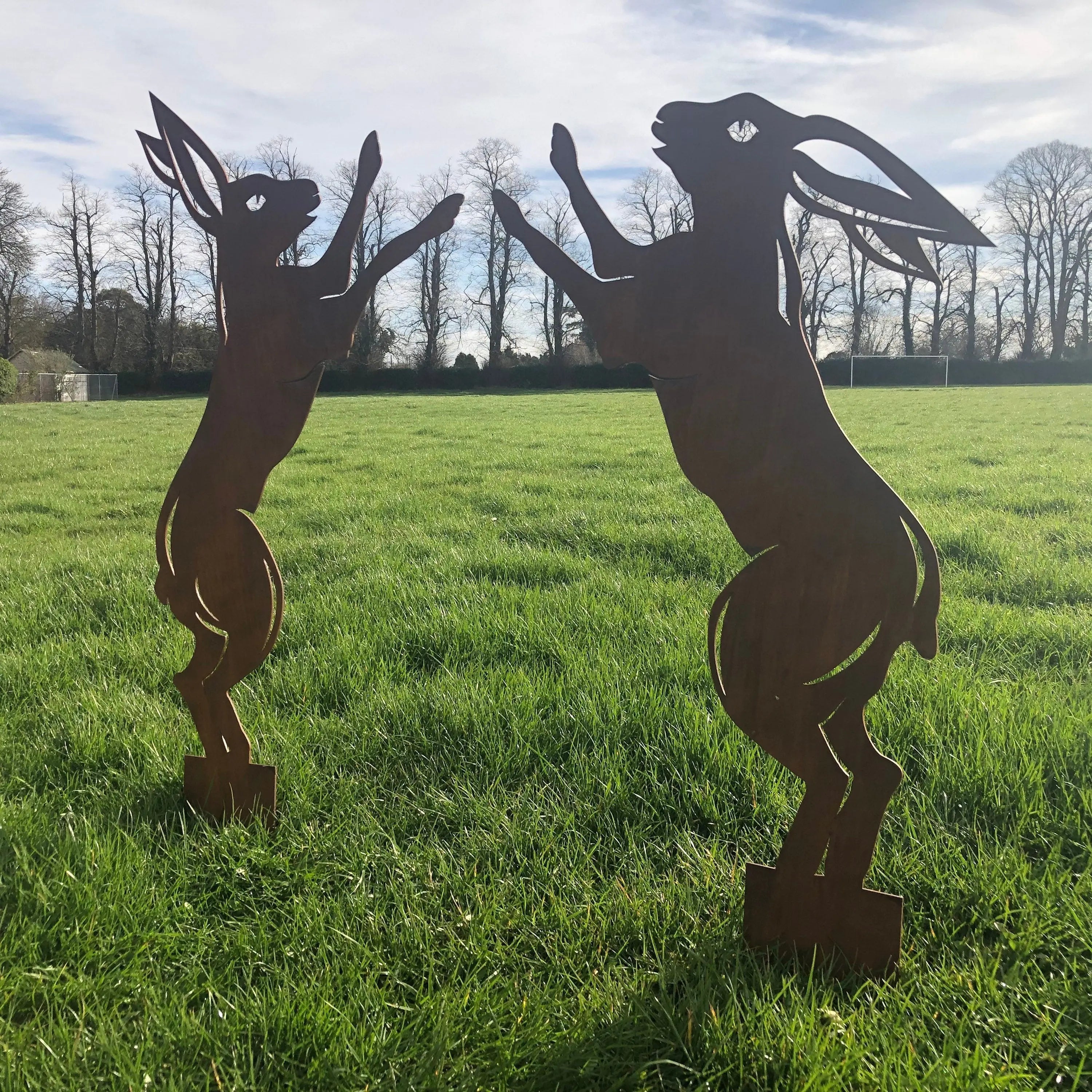 Rustic Warehouse Norfolk Metal Boxing Hares Garden Statues - Pair