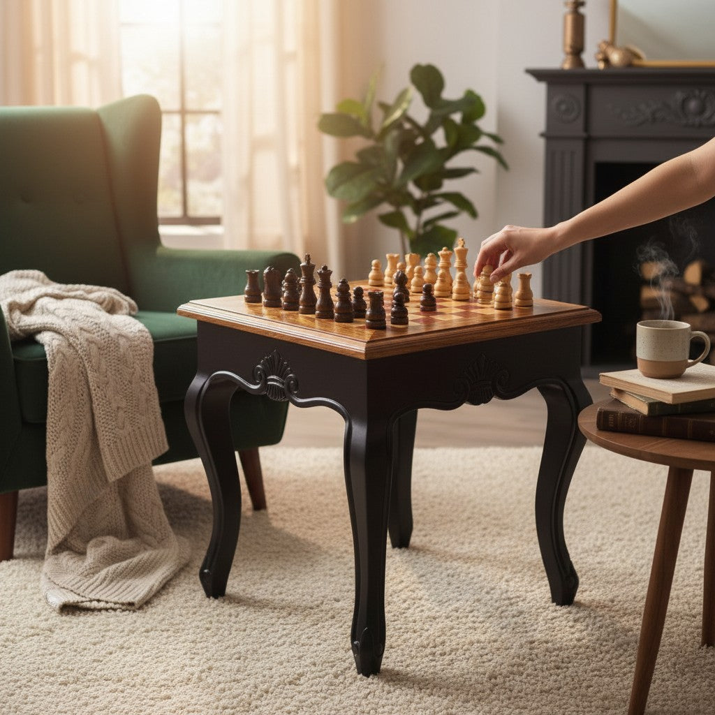 Square Olive Wood Handcrafted Wooden Chess Table Black/White With Pieces