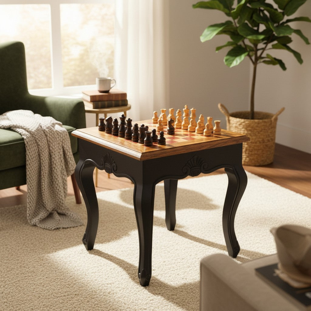 Square Olive Wood Handcrafted Wooden Chess Table Black/White With Pieces