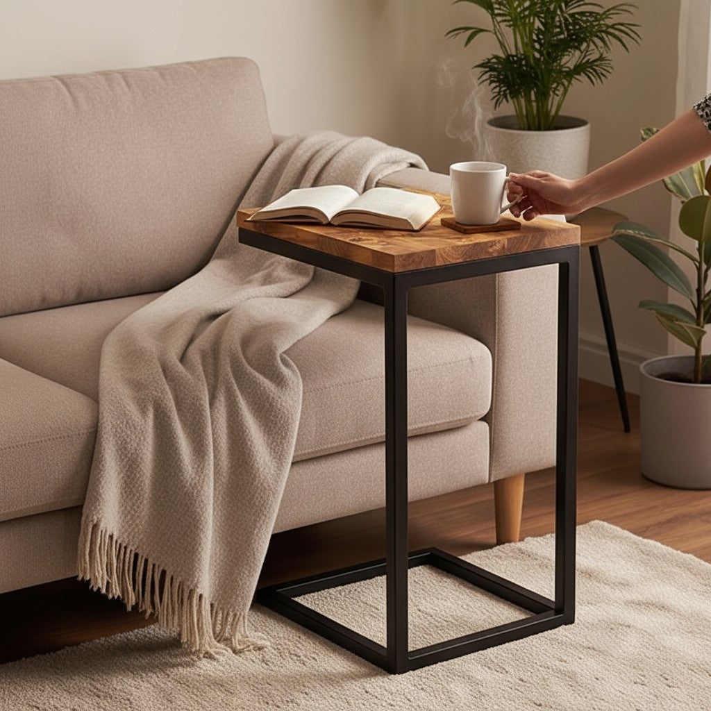 C Shaped End Grain Table with Metal Frame