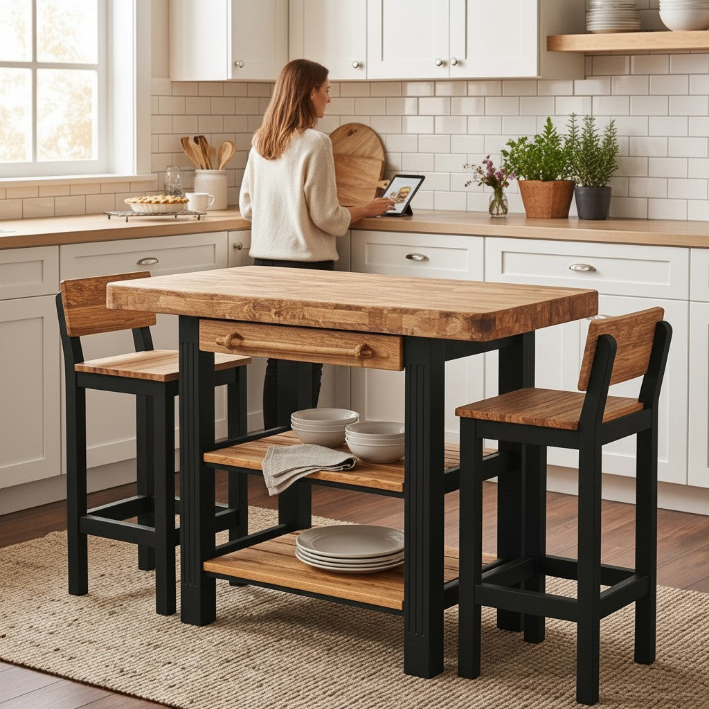 Butcher Block Scratchproof Kitchen Dining Table & 2 Chairs Set With Storage Draws Shelves
