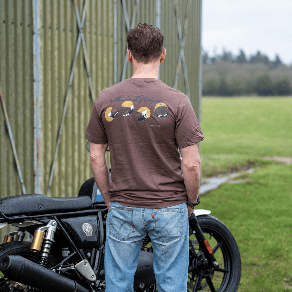 Uggly and Co Brown Helmet Graphic Tee – Heavyweight Cotton Moto Shirt