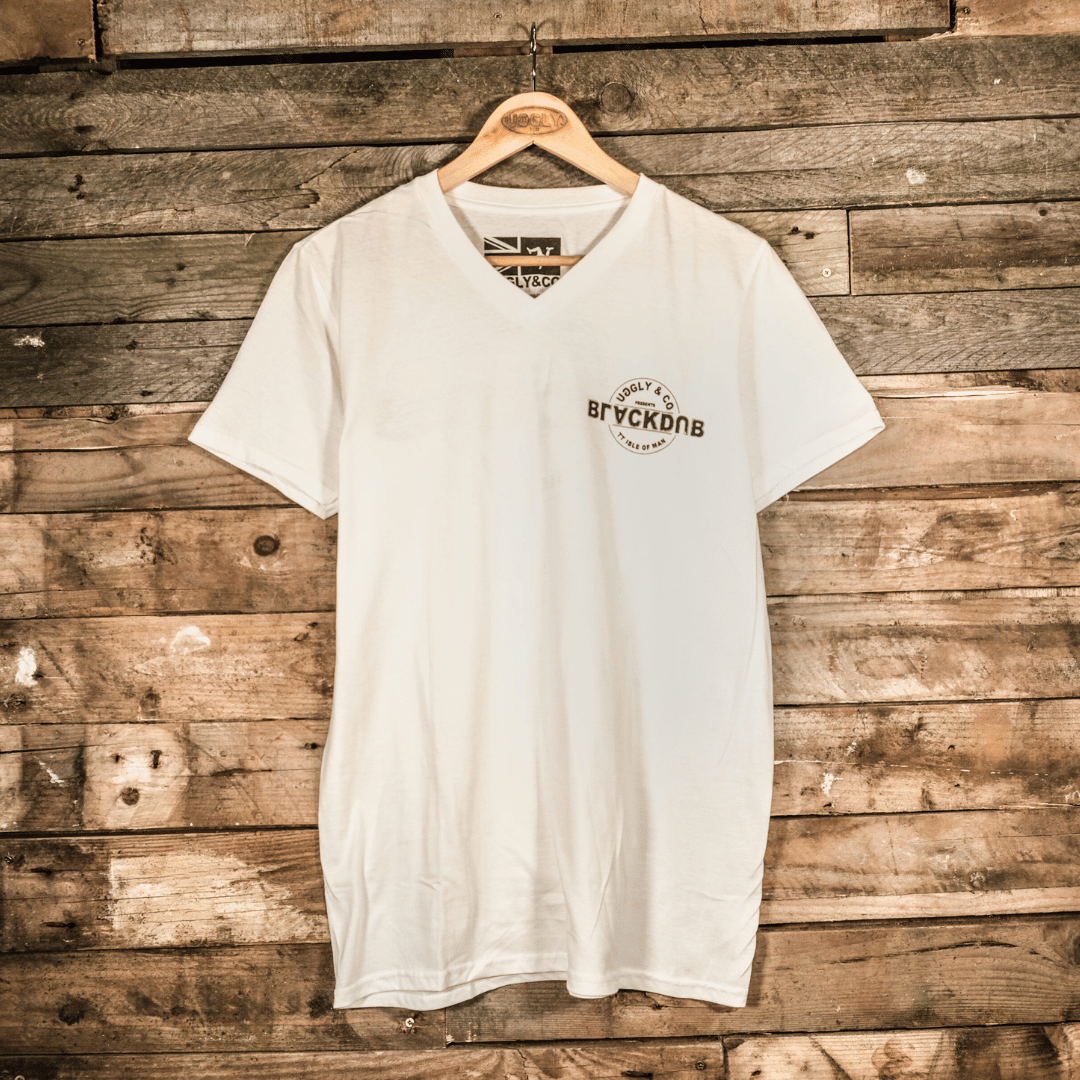 Uggly and Co White Stamp V-Neck Tee – 100% Cotton Motorcycle T-Shirt