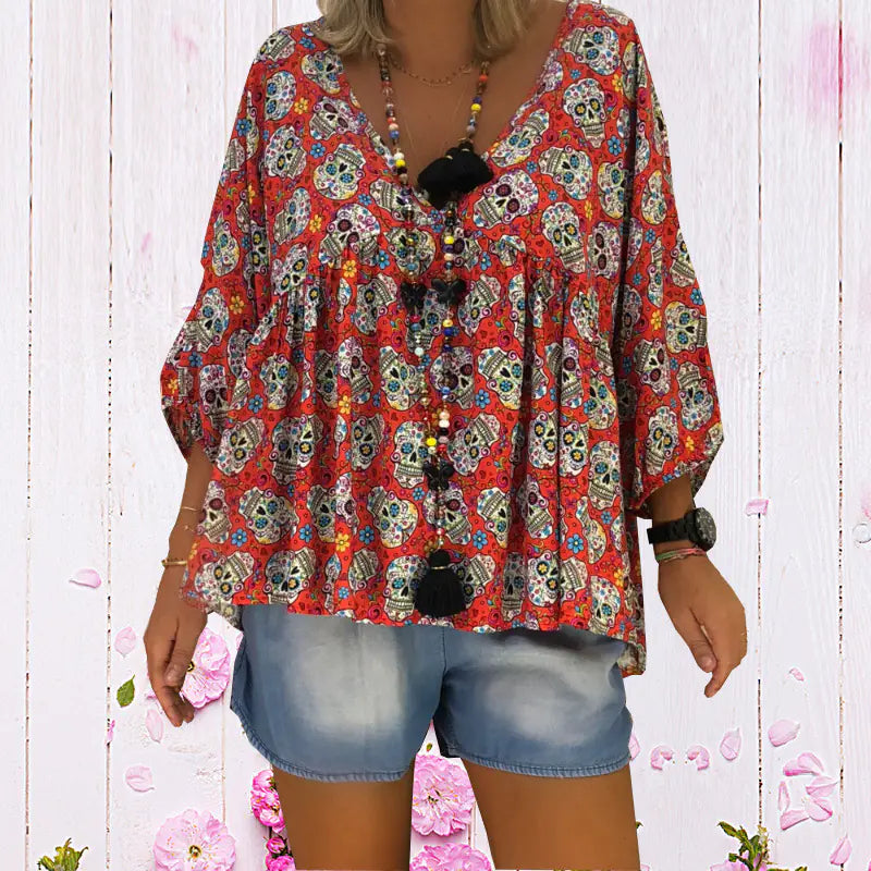 V-Neck Skull Print Three-Quarter Sleeve T-Shirt