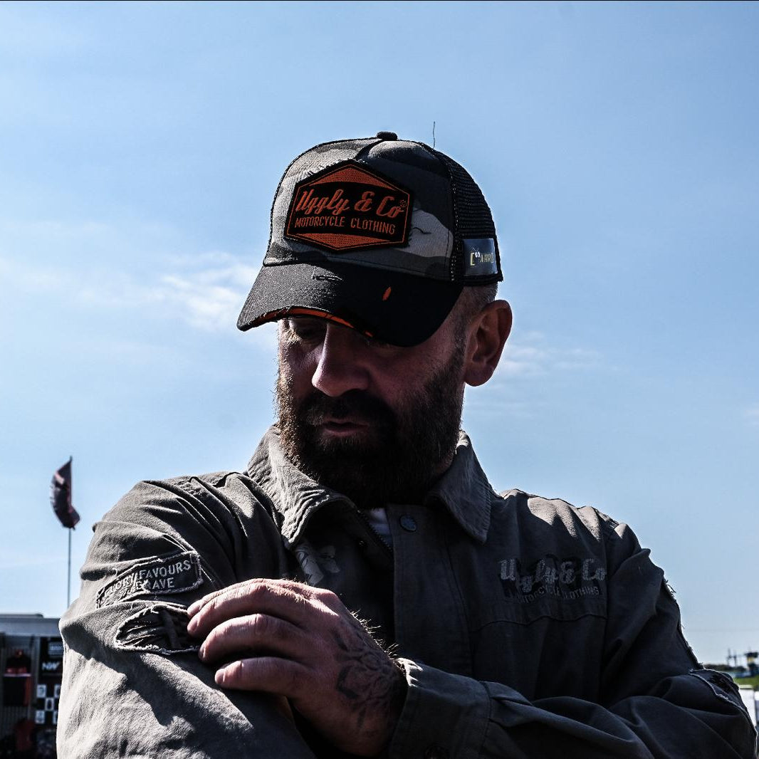 Uggly & Co Grey Camo Diamond Trucker Hat – Distressed Racing Cap